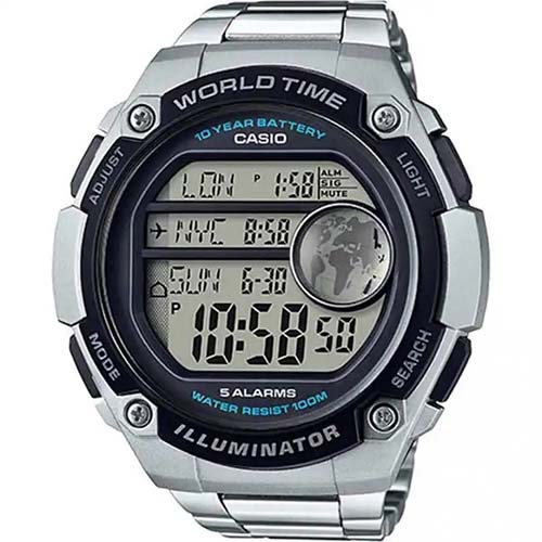  CASIO AE3000WD-1AV MEN’S 3 CITY TIME DISPLAY XLARGE BRACELET WATCH