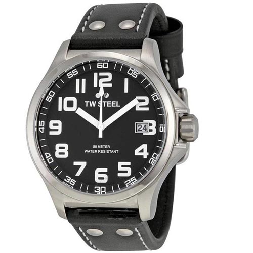 TW STEEL TW408 MEN'S PILOT STAINLESS STEEL BLACK DIAL BLACK LEATHER WATCH